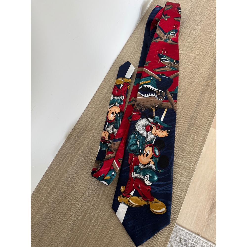 Vintage Disney Mickey Mouse Goofy Aviator Fighter Plane Navy Red Polyester Tie